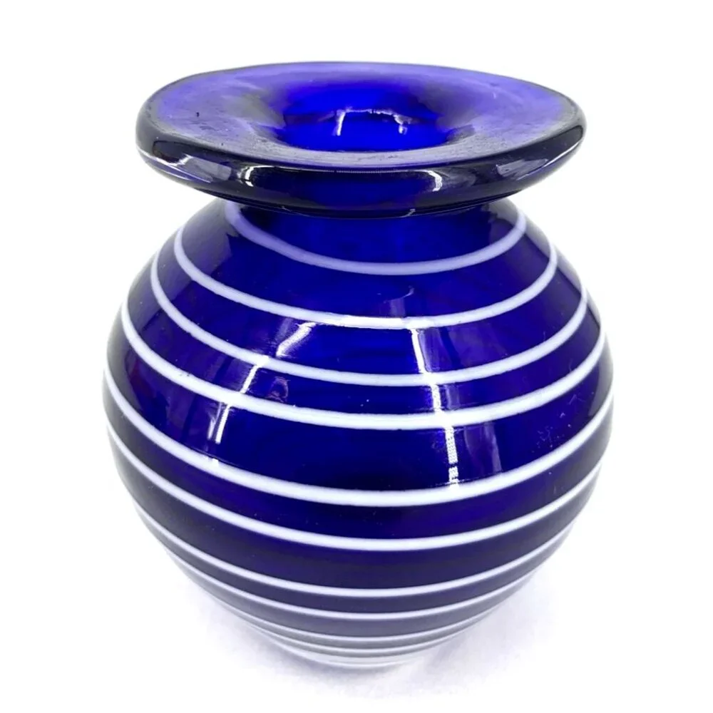 Cobalt Blue Vase Art Glass Iridescent White Swirled Small 3 1/4